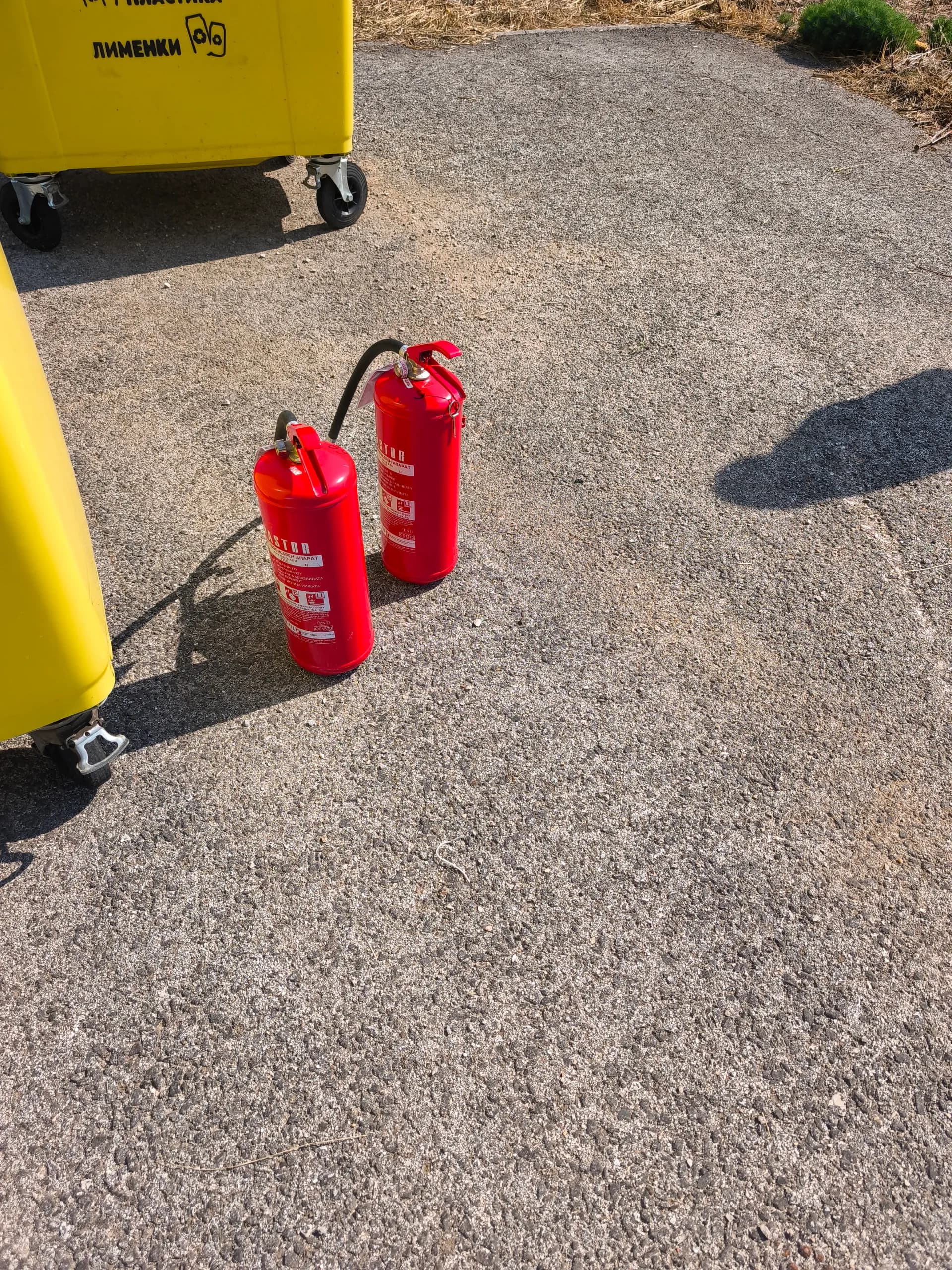 Powder and CO₂ fire extinguishers prepared for a practical exercise